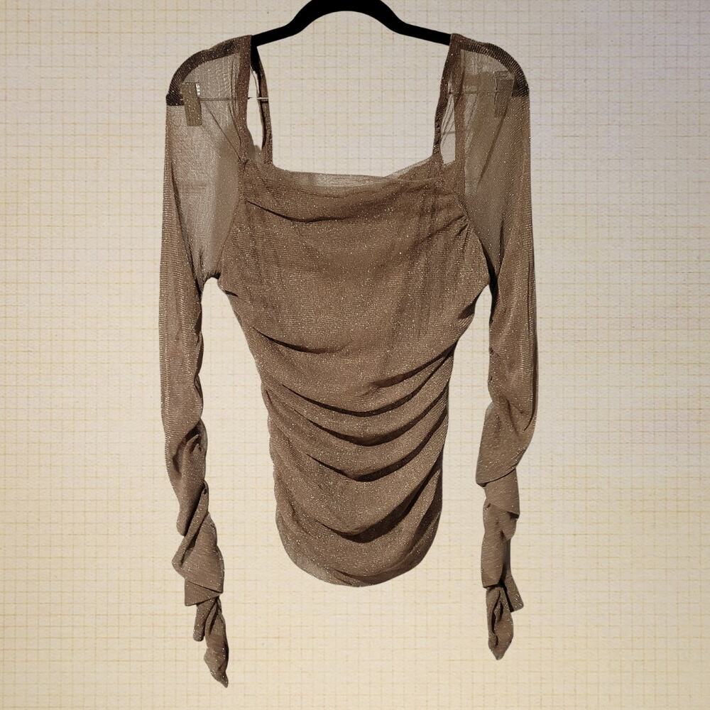 Whimsygoth Sparkly Sheer Ruched Evening Blouse Long Sleeve Medium